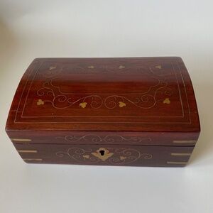 Vintage Jewelry Box Wood with Inlaid Brass Decor